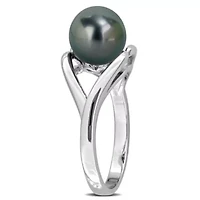 8-8.5mm Black Tahitian Cultured Pearl Ring Sterling Silver