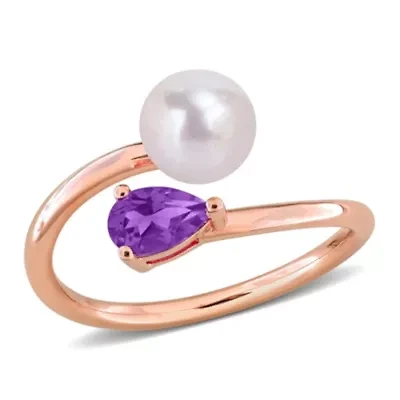 Amethyst & 6 - 6.5mm Freshwater Cultured Pearl Ring Rose Plated Sterling Silver