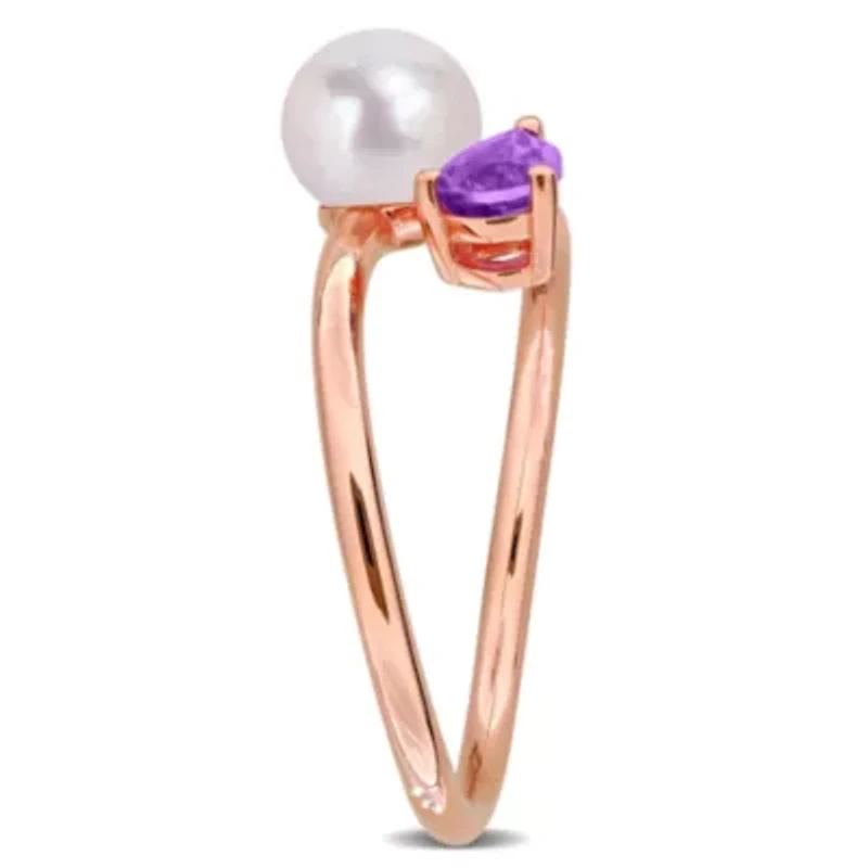 Amethyst & 6 - 6.5mm Freshwater Cultured Pearl Ring Rose Plated Sterling Silver