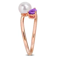 Amethyst & 6 - 6.5mm Freshwater Cultured Pearl Ring Rose Plated Sterling Silver