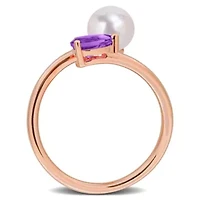 Amethyst & 6 - 6.5mm Freshwater Cultured Pearl Ring Rose Plated Sterling Silver