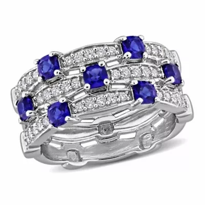 Lab Grown Diamond & Created Blue Sapphire Eternity Ring Sterling Silver