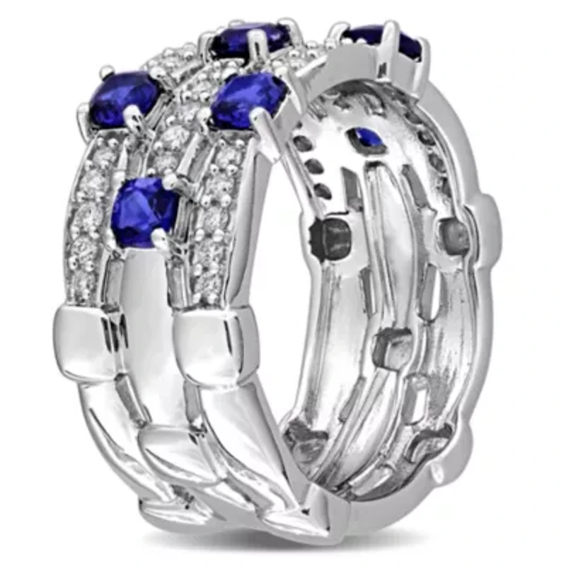 Lab Grown Diamond & Created Blue Sapphire Eternity Ring Sterling Silver