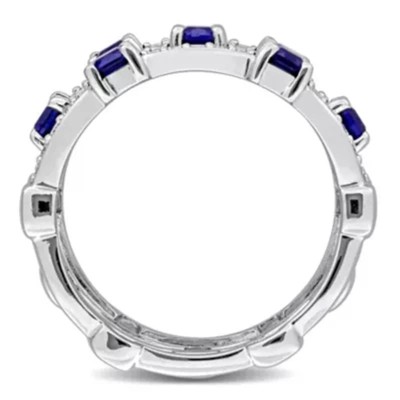 Lab Grown Diamond & Created Blue Sapphire Eternity Ring Sterling Silver