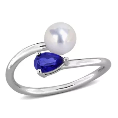 Lab Created Blue Sapphire & 6 - 6.5mm Freshwater Cultured Pearl Ring Sterling Silver