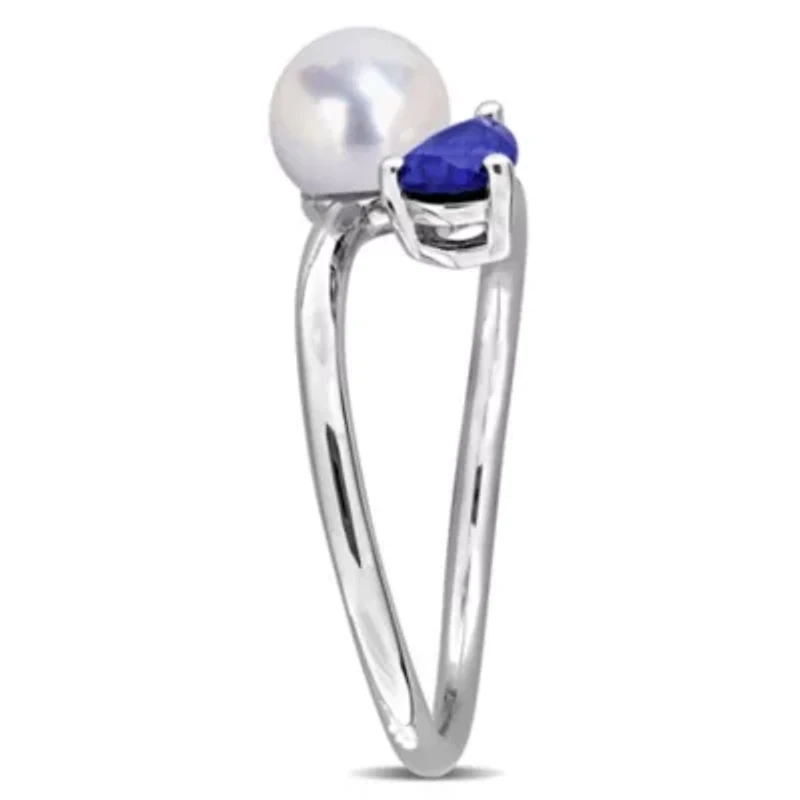 Lab Created Blue Sapphire & 6 - 6.5mm Freshwater Cultured Pearl Ring Sterling Silver