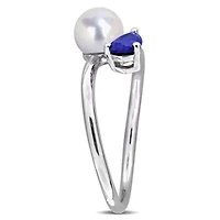 Lab Created Blue Sapphire & 6 - 6.5mm Freshwater Cultured Pearl Ring Sterling Silver