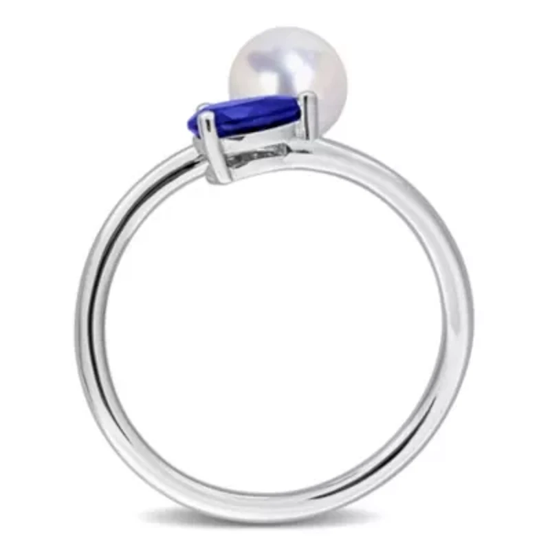Lab Created Blue Sapphire & 6 - 6.5mm Freshwater Cultured Pearl Ring Sterling Silver