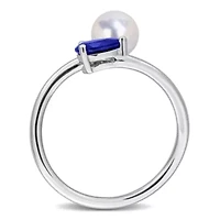 Lab Created Blue Sapphire & 6 - 6.5mm Freshwater Cultured Pearl Ring Sterling Silver
