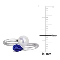 Lab Created Blue Sapphire & 6 - 6.5mm Freshwater Cultured Pearl Ring Sterling Silver