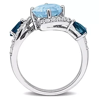 Sky Blue, London Blue & White Topaz Ring Sterling Silver