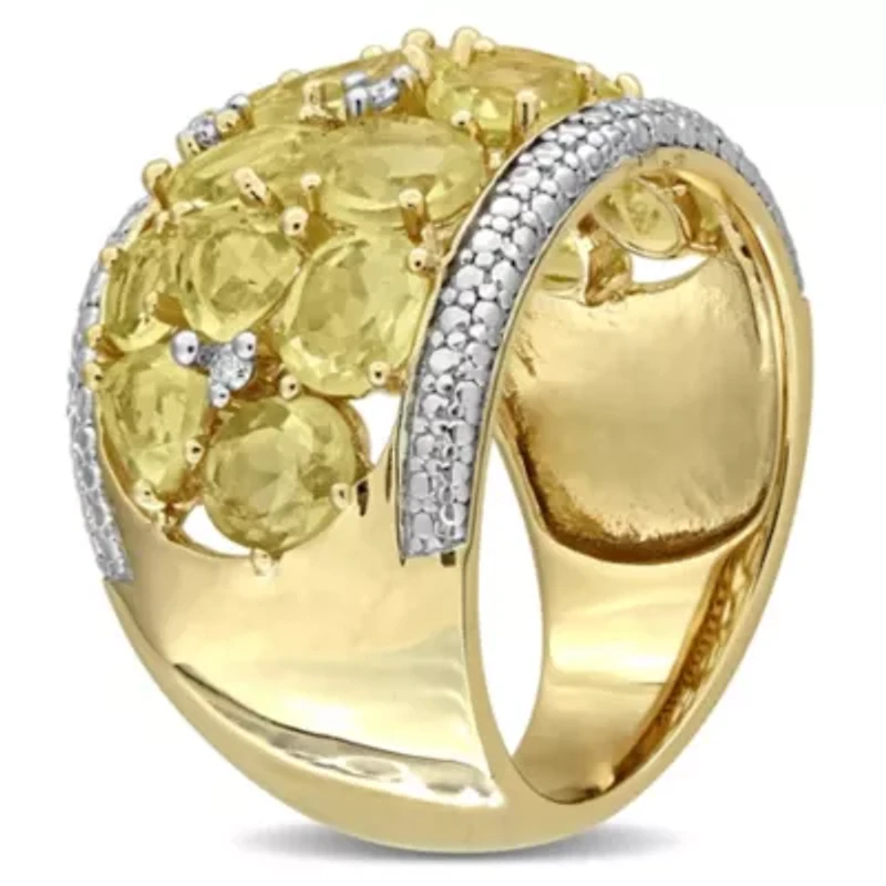Diamond & Lemon Quartz Ring Yellow Plated Sterling Silver