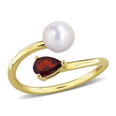 Garnet & 6-6.5mm Freshwater Cultured Pearl Ring Yellow Plated Sterling Silver
