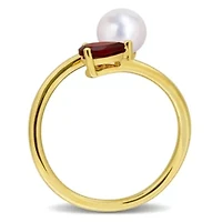 Garnet & 6-6.5mm Freshwater Cultured Pearl Ring Yellow Plated Sterling Silver