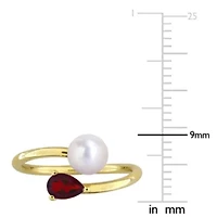 Garnet & 6-6.5mm Freshwater Cultured Pearl Ring Yellow Plated Sterling Silver