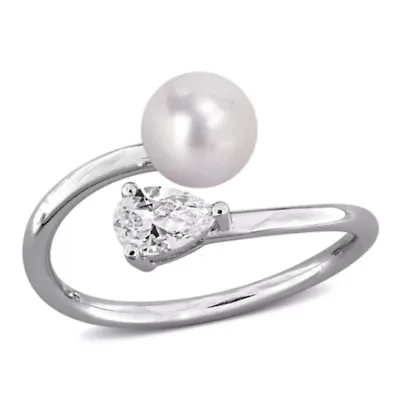 Lab Created White Sapphire & 6 - 6.5mm Freshwater Cultured Pearl Ring Sterling Silver