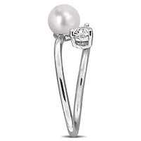 Lab Created White Sapphire & 6 - 6.5mm Freshwater Cultured Pearl Ring Sterling Silver