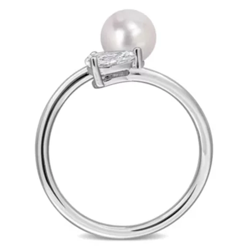Lab Created White Sapphire & 6 - 6.5mm Freshwater Cultured Pearl Ring Sterling Silver