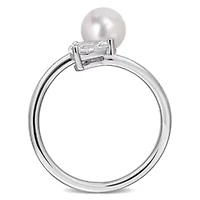 Lab Created White Sapphire & 6 - 6.5mm Freshwater Cultured Pearl Ring Sterling Silver