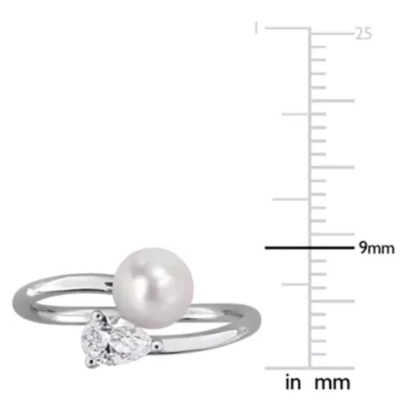 Lab Created White Sapphire & 6 - 6.5mm Freshwater Cultured Pearl Ring Sterling Silver