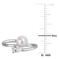 Lab Created White Sapphire & 6 - 6.5mm Freshwater Cultured Pearl Ring Sterling Silver