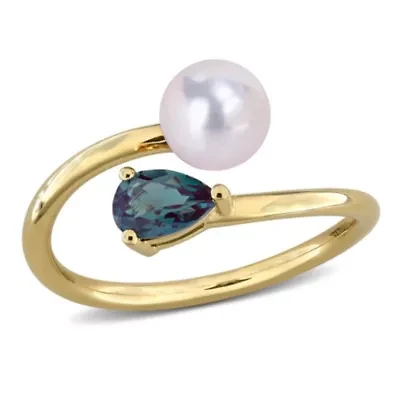Lab Created Alexandrite & 6-6.5mm Freshwater Cultured Pearl Ring Yellow Plated Sterling Silver