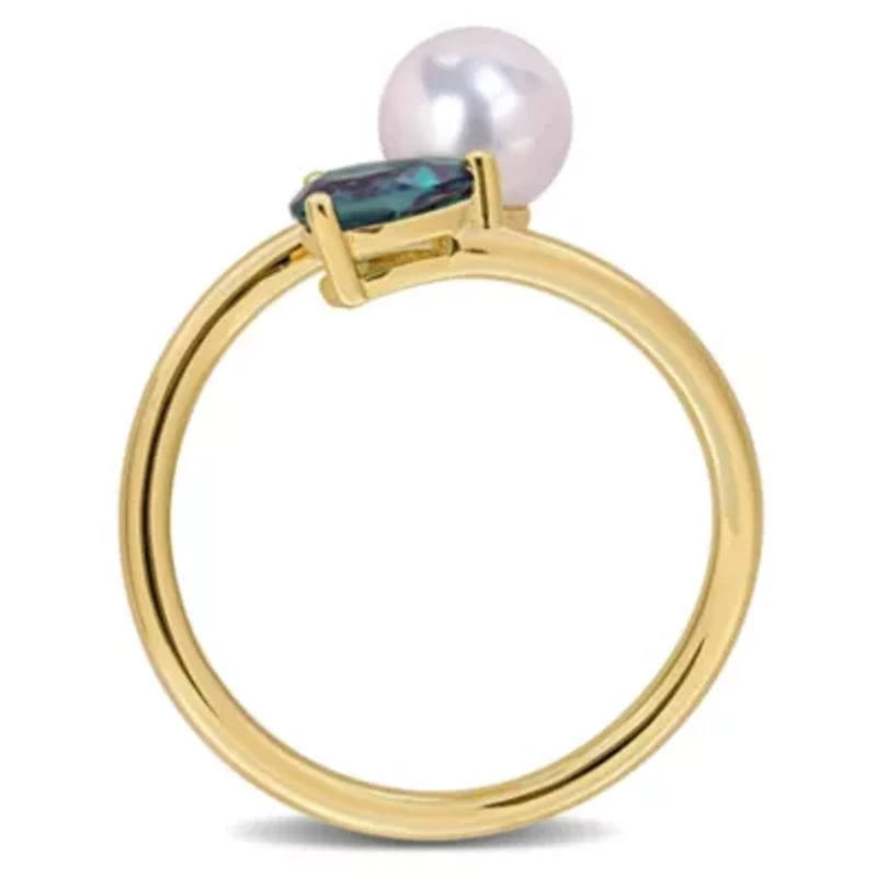 Lab Created Alexandrite & 6-6.5mm Freshwater Cultured Pearl Ring Yellow Plated Sterling Silver