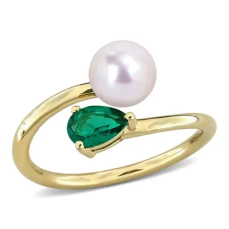 Lab Created Emerald & 6 - 6.5mm Freshwater Cultured Pearl Ring Yellow Plated Sterling Silver