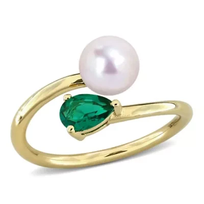 Lab Created Emerald & 6 - 6.5mm Freshwater Cultured Pearl Ring Yellow Plated Sterling Silver