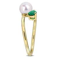 Lab Created Emerald & 6 - 6.5mm Freshwater Cultured Pearl Ring Yellow Plated Sterling Silver