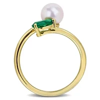 Lab Created Emerald & 6 - 6.5mm Freshwater Cultured Pearl Ring Yellow Plated Sterling Silver