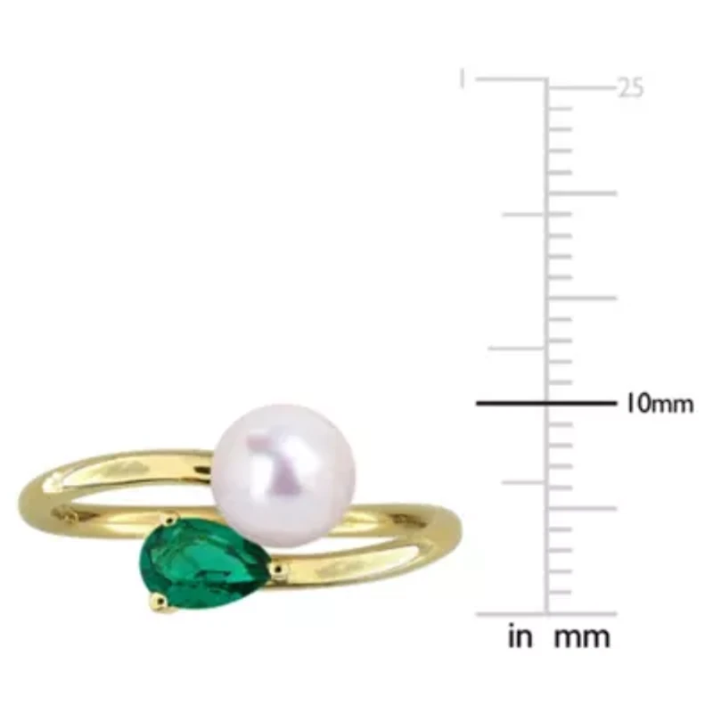 Lab Created Emerald & 6 - 6.5mm Freshwater Cultured Pearl Ring Yellow Plated Sterling Silver