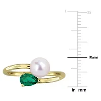 Lab Created Emerald & 6 - 6.5mm Freshwater Cultured Pearl Ring Yellow Plated Sterling Silver