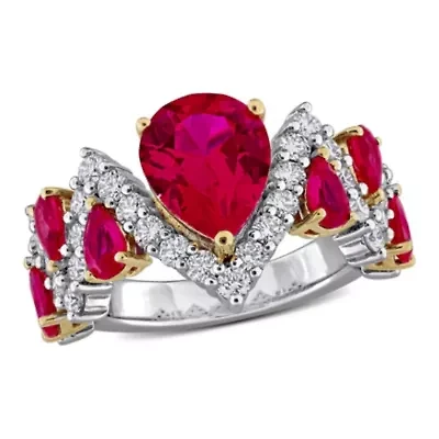 Lab Created Grown Diamond & Ruby Ring Two-Tone Silver