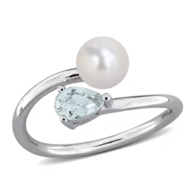 Aquamarine & 6-6.5mm White Freshwater Cultured Pearl Ring Sterling Silver