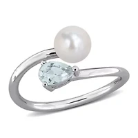 Aquamarine & 6-6.5mm White Freshwater Cultured Pearl Ring Sterling Silver