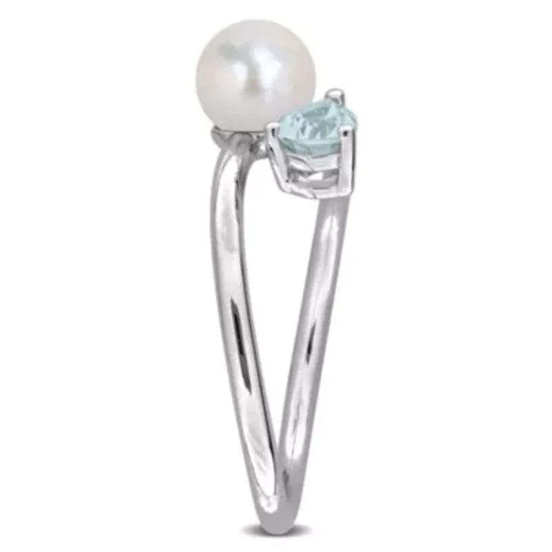 Aquamarine & 6-6.5mm White Freshwater Cultured Pearl Ring Sterling Silver