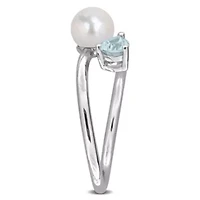 Aquamarine & 6-6.5mm White Freshwater Cultured Pearl Ring Sterling Silver