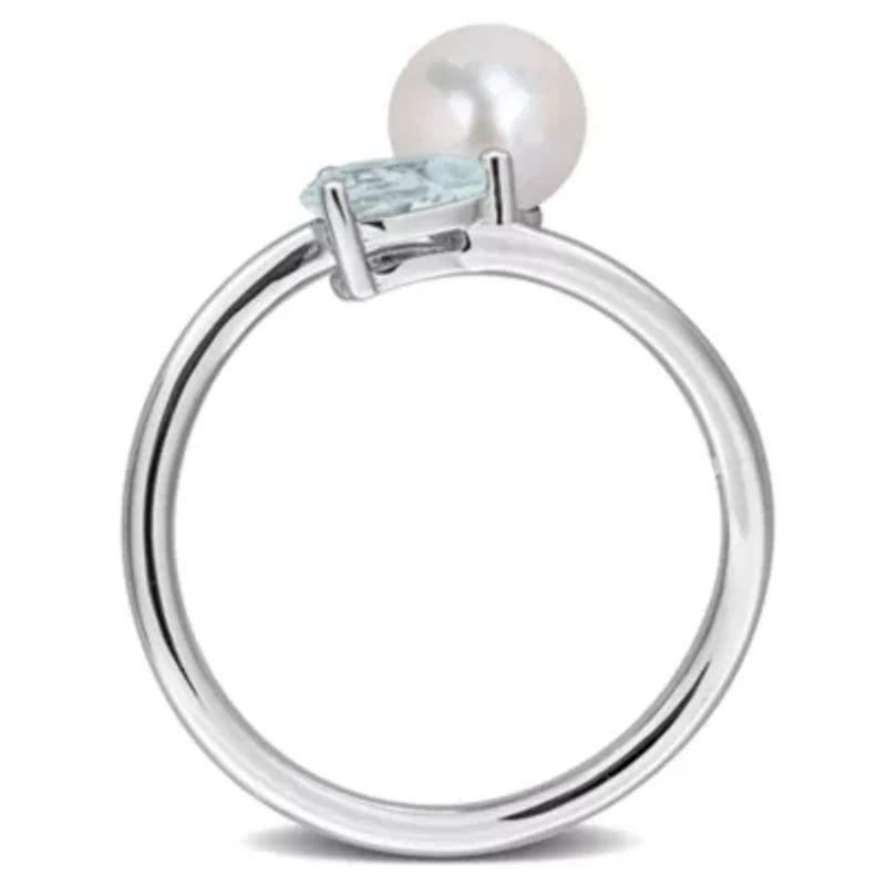 Aquamarine & 6-6.5mm White Freshwater Cultured Pearl Ring Sterling Silver
