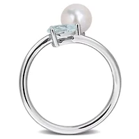 Aquamarine & 6-6.5mm White Freshwater Cultured Pearl Ring Sterling Silver