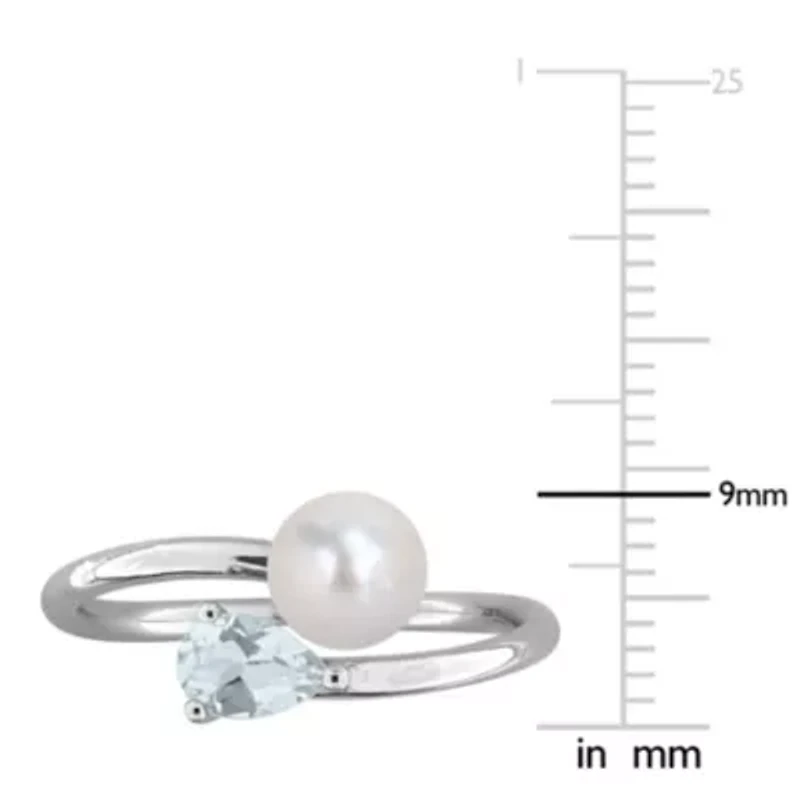 Aquamarine & 6-6.5mm White Freshwater Cultured Pearl Ring Sterling Silver