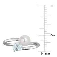 Aquamarine & 6-6.5mm White Freshwater Cultured Pearl Ring Sterling Silver