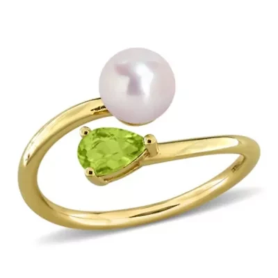 Peridot & 6-6.5mm White Freshwater Cultured Pearl Ring Yellow Plated Sterling Silver