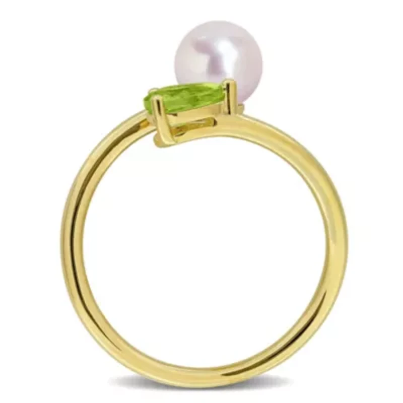 Peridot & 6-6.5mm White Freshwater Cultured Pearl Ring Yellow Plated Sterling Silver