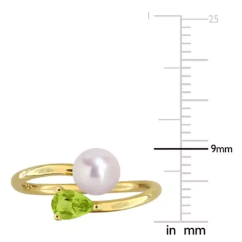 Peridot & 6-6.5mm White Freshwater Cultured Pearl Ring Yellow Plated Sterling Silver
