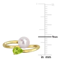Peridot & 6-6.5mm White Freshwater Cultured Pearl Ring Yellow Plated Sterling Silver