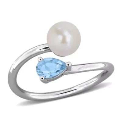 Sky Blue Topaz & 6-6.5mm White Freshwater Cultured Pearl Ring Sterling Silver
