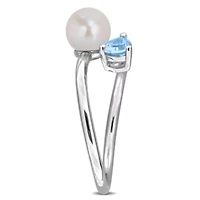 Sky Blue Topaz & 6-6.5mm White Freshwater Cultured Pearl Ring Sterling Silver