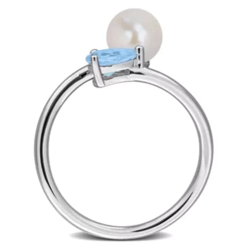Sky Blue Topaz & 6-6.5mm White Freshwater Cultured Pearl Ring Sterling Silver