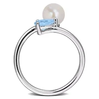 Sky Blue Topaz & 6-6.5mm White Freshwater Cultured Pearl Ring Sterling Silver